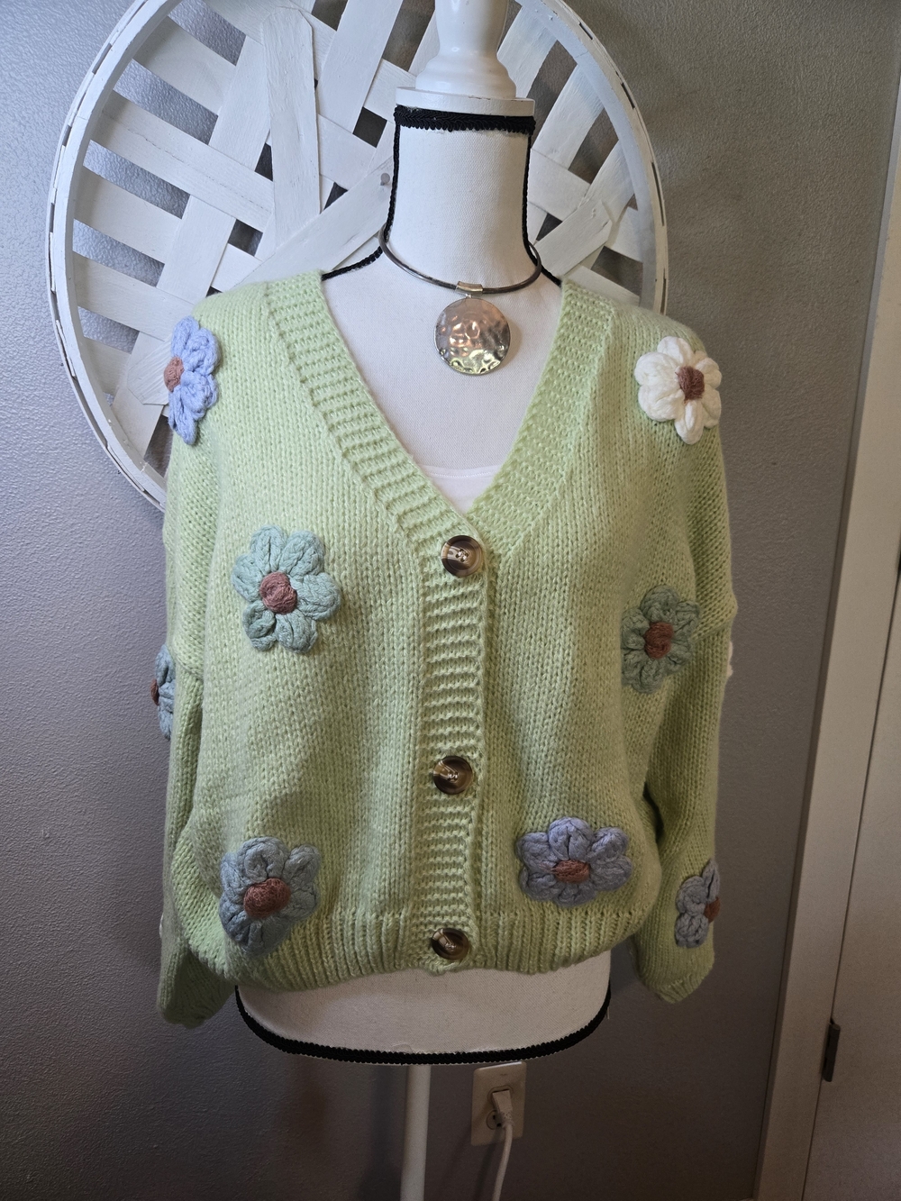 Cider Soft Knit Floral Appliqué V-Neck Cardigan - Light Green New With Tags